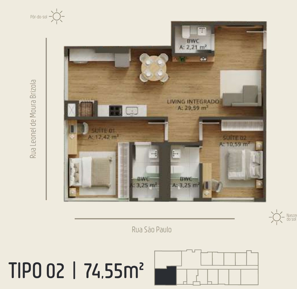 Zenith Tower — planta do apartamento tipo B 02: 74,55 m², 2 suítes