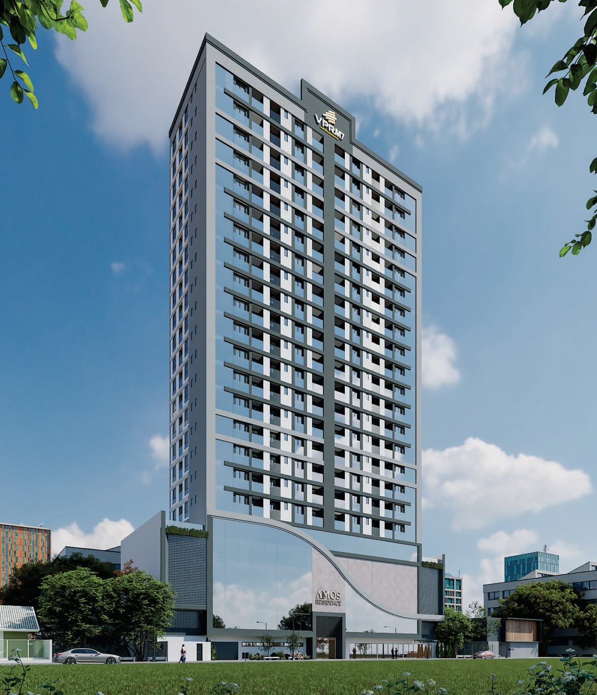 Amós Residence — fachada com a torre inteira, VPR.M7 Empreendimentos, Jardim Dourado, Porto Belo SC