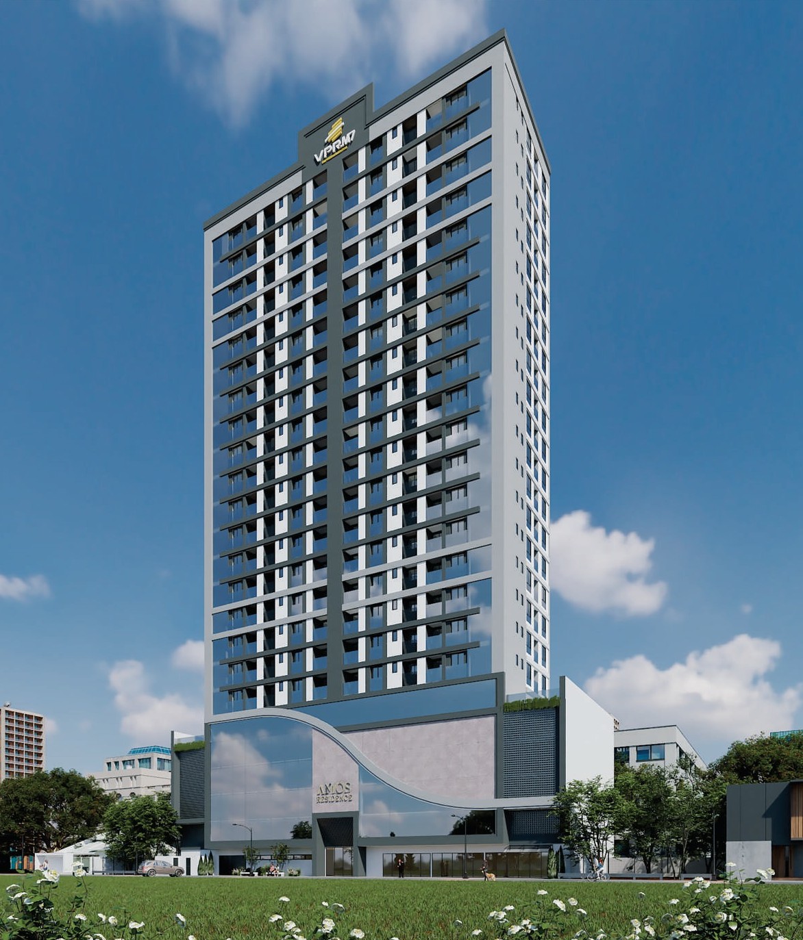 Amós Residence — torre em perspectiva lateral com embasamento de vidro curvo, Jardim Dourado, Porto Belo SC