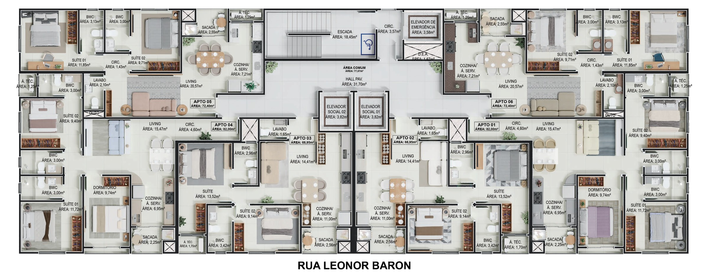 Amós Residence — planta do pavimento tipo com 6 apartamentos de 68,95 a 82 m²