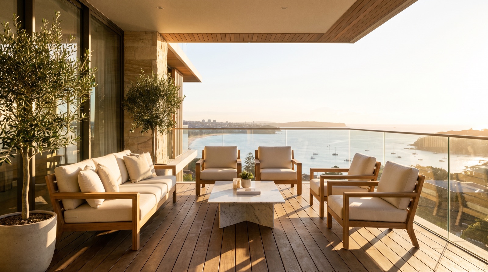 Varanda de apartamento moderno ao pôr do sol com vista para a baía e luz solar sobre o piso