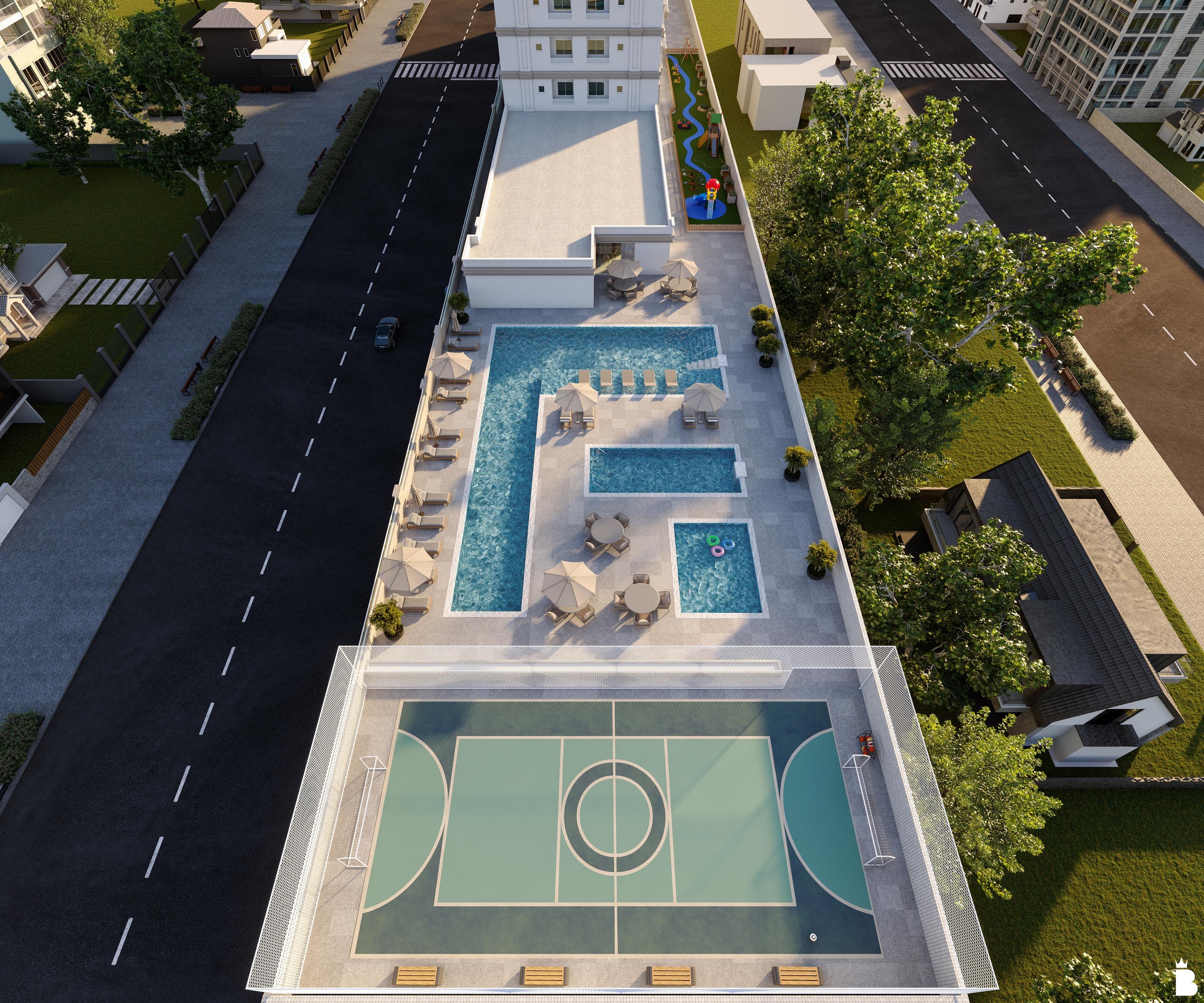 Artis Home Club — Vista aérea da área de lazer do Artis Home Club com piscinas, deck e quadra, Pasqualotto Construtora, Porto Belo SC