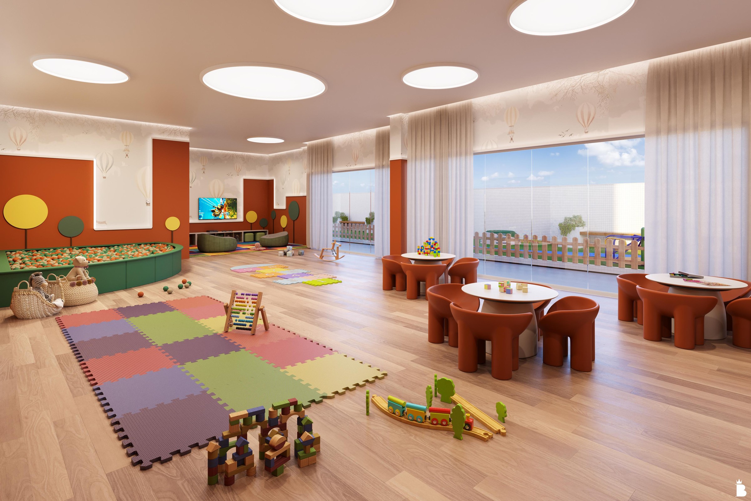 Artis Home Club — Brinquedoteca do Artis Home Club com tatame colorido, mesinhas e brinquedos, Pasqualotto Construtora, Porto Belo SC