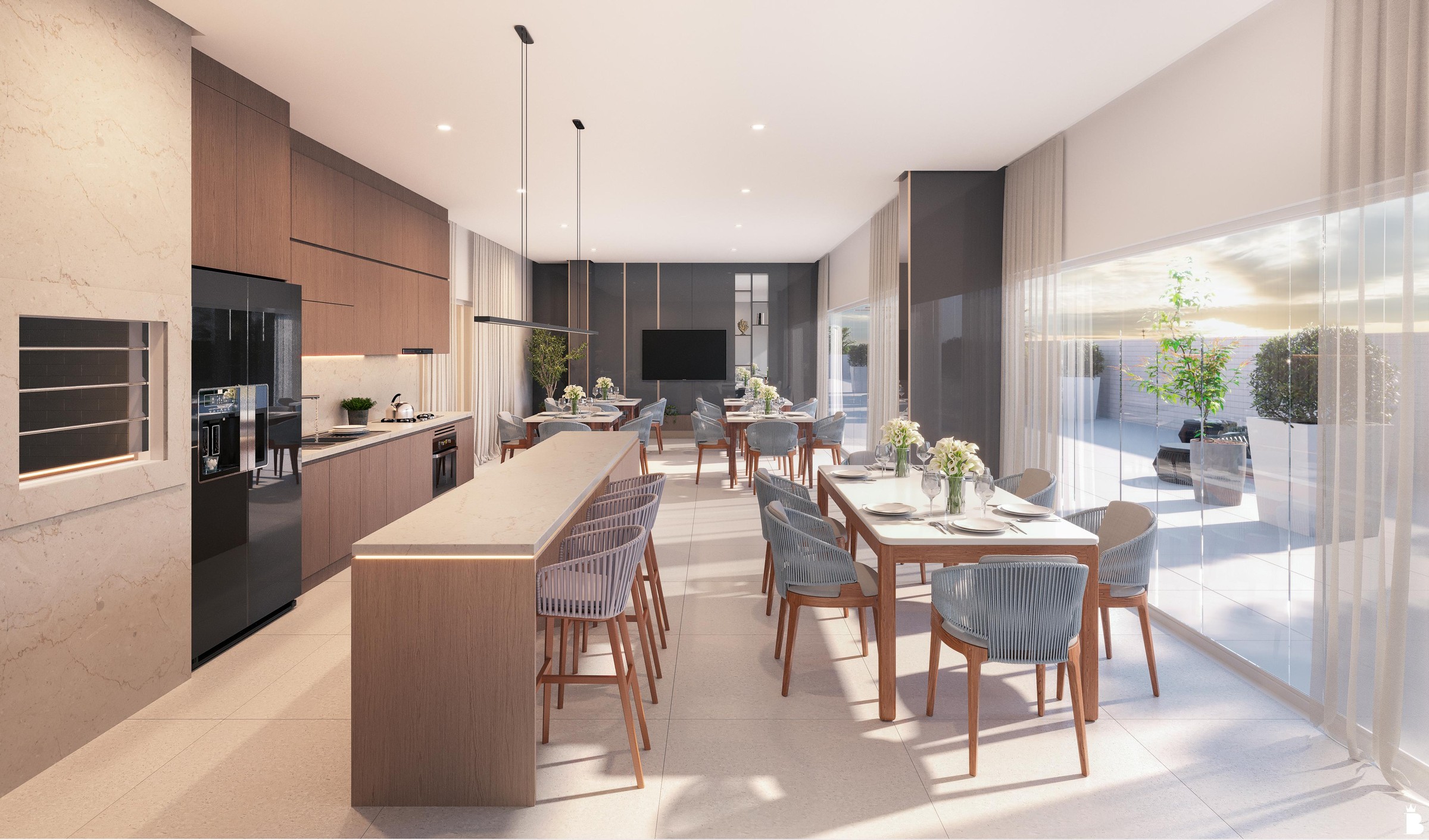 Artis Home Club — Espaço gourmet do Artis Home Club com cozinha, ilha e mesas de jantar, Pasqualotto Construtora, Porto Belo SC