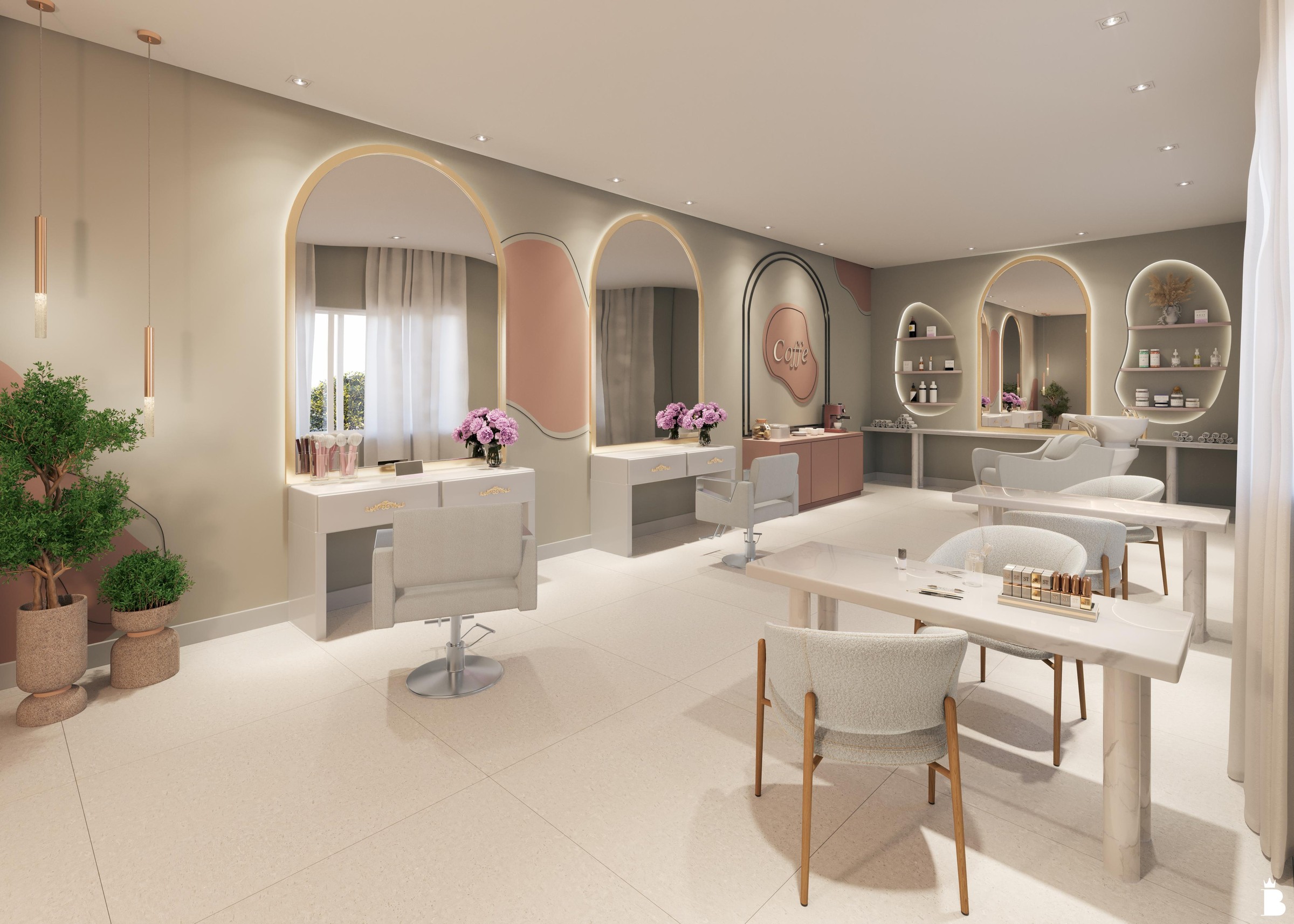 Artis Home Club — Espaço mulher do Artis Home Club com bancadas de beleza e espelhos, Pasqualotto Construtora, Porto Belo SC