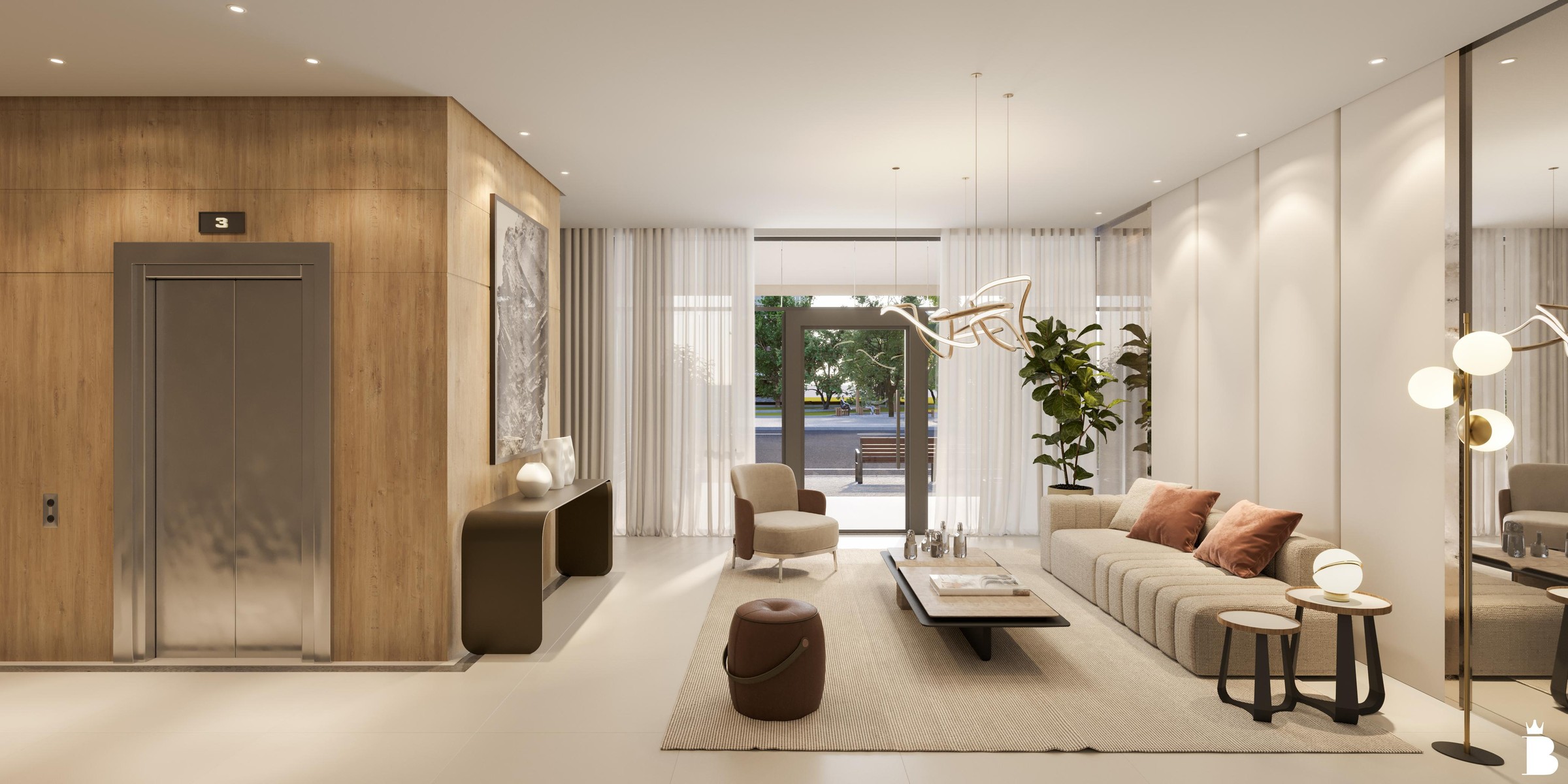 Artis Home Club — Hall de entrada do Artis Home Club com estar, poltronas e acesso aos elevadores, Pasqualotto Construtora, Porto Belo SC