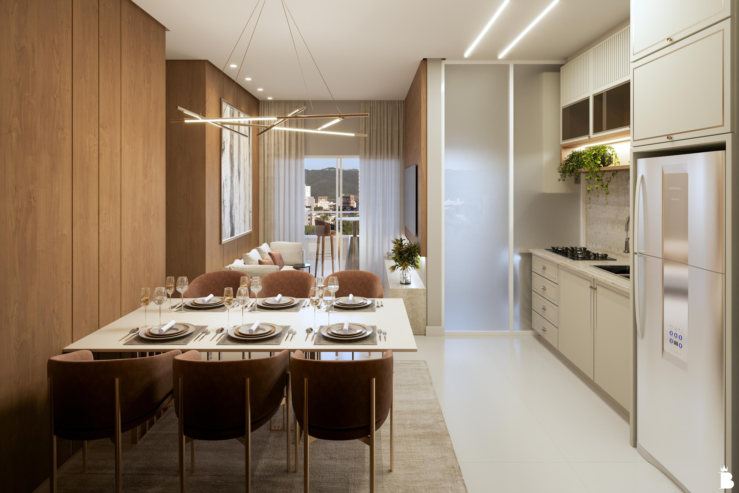 Artis Home Club — Living integrado à cozinha de apartamento tipo do Artis Home Club, com mesa de jantar, Pasqualotto Construtora, Porto Belo SC