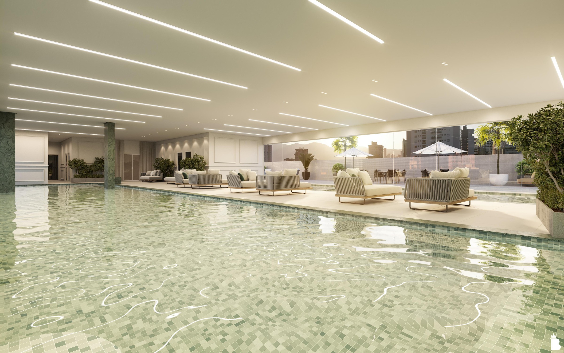 Artis Home Club — Piscina aquecida adulto coberta do Artis Home Club com área de descanso, Pasqualotto Construtora, Porto Belo SC