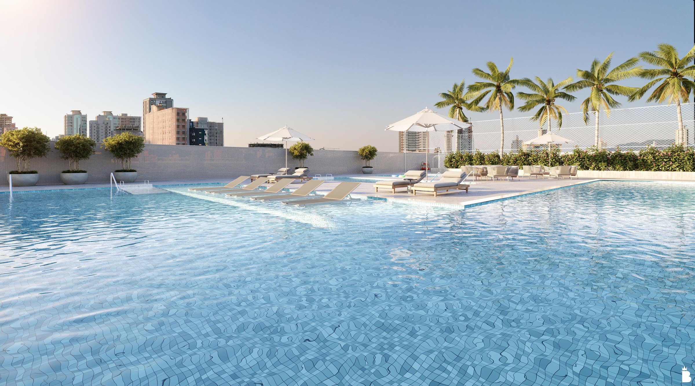 Artis Home Club — Piscina externa do Artis Home Club com espreguiçadeiras e coqueiros, Pasqualotto Construtora, Porto Belo SC