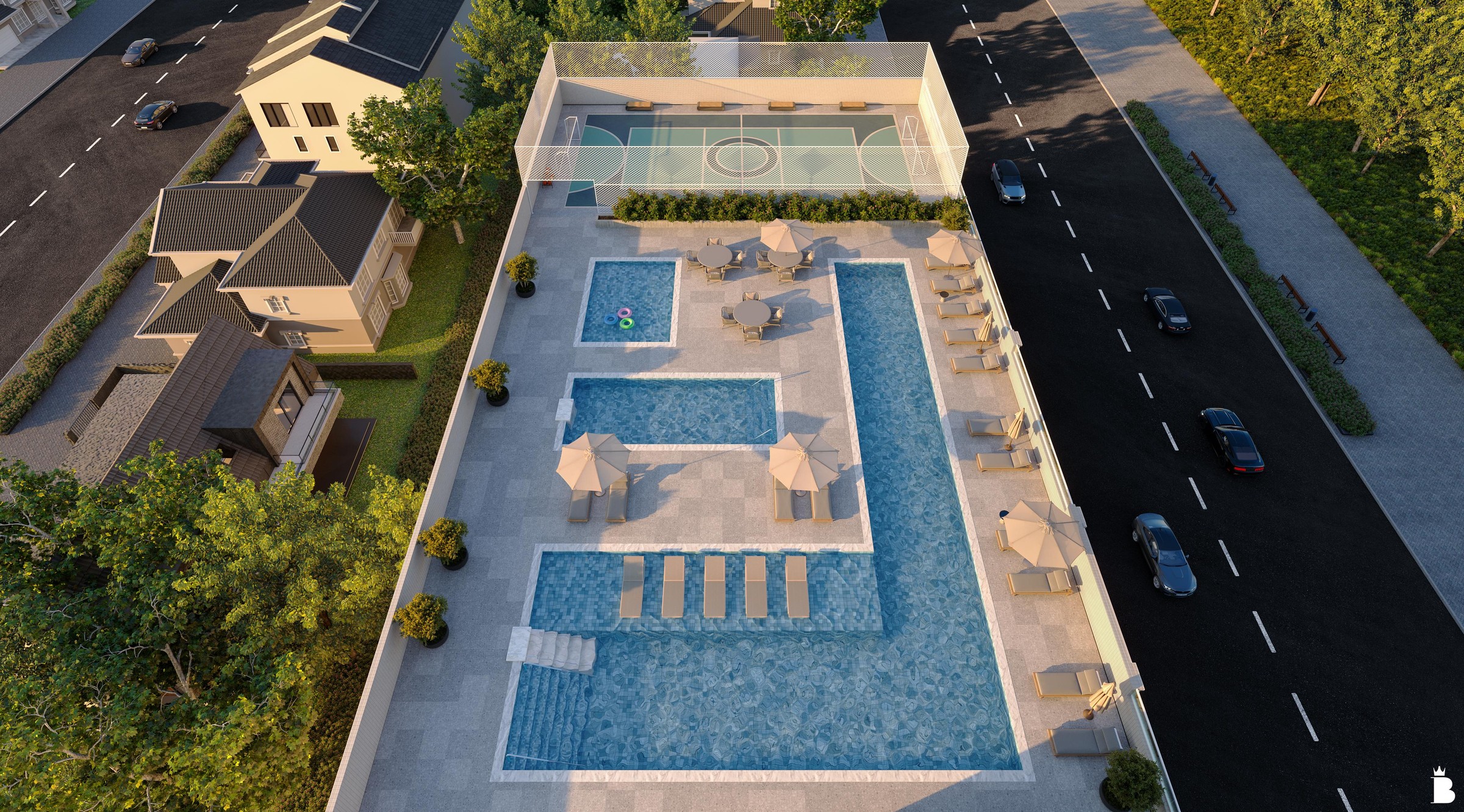 Artis Home Club — Vista aérea das piscinas e da quadra do Artis Home Club, Pasqualotto Construtora, Porto Belo SC