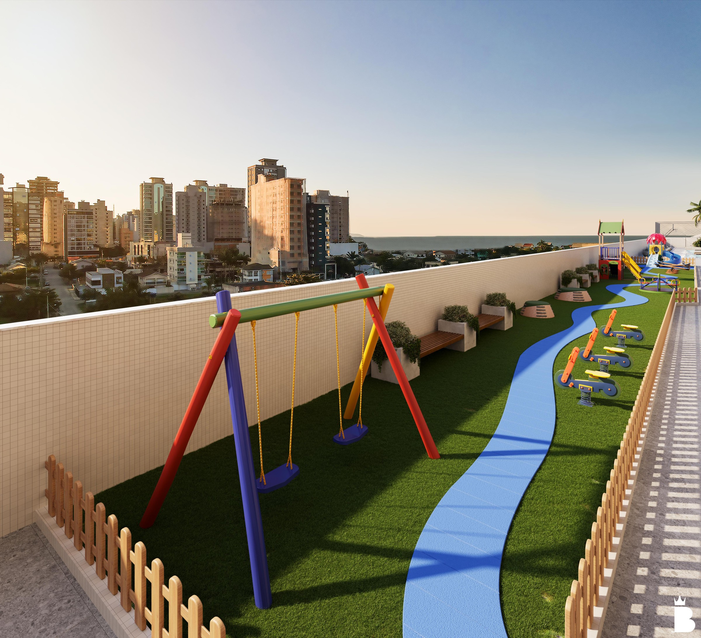 Artis Home Club — Playground do Artis Home Club com balanços e gramado sintético, Pasqualotto Construtora, Porto Belo SC