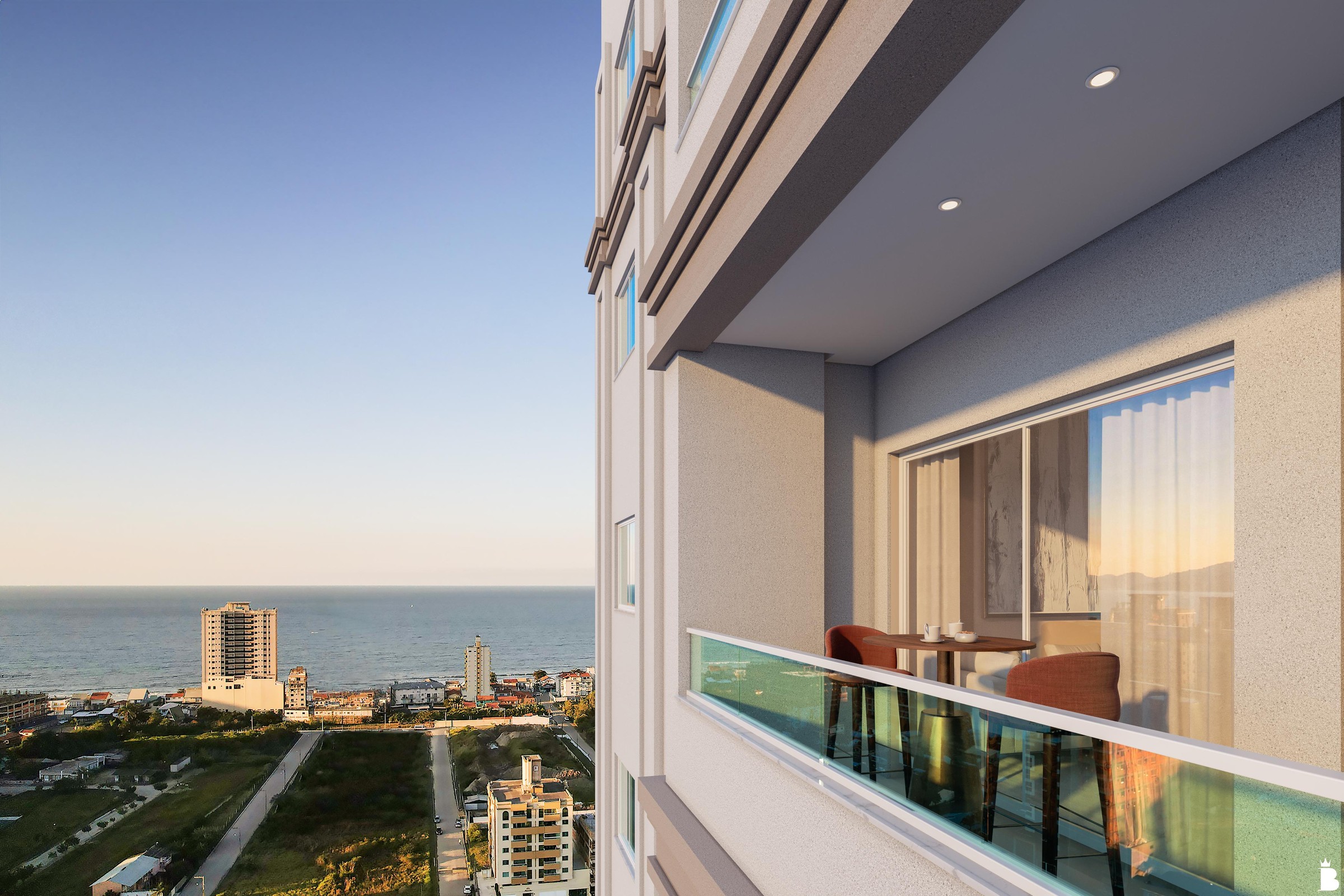 Artis Home Club — Sacada de apartamento da Torre 02 do Artis Home Club com vista para o mar, Pasqualotto Construtora, Porto Belo SC