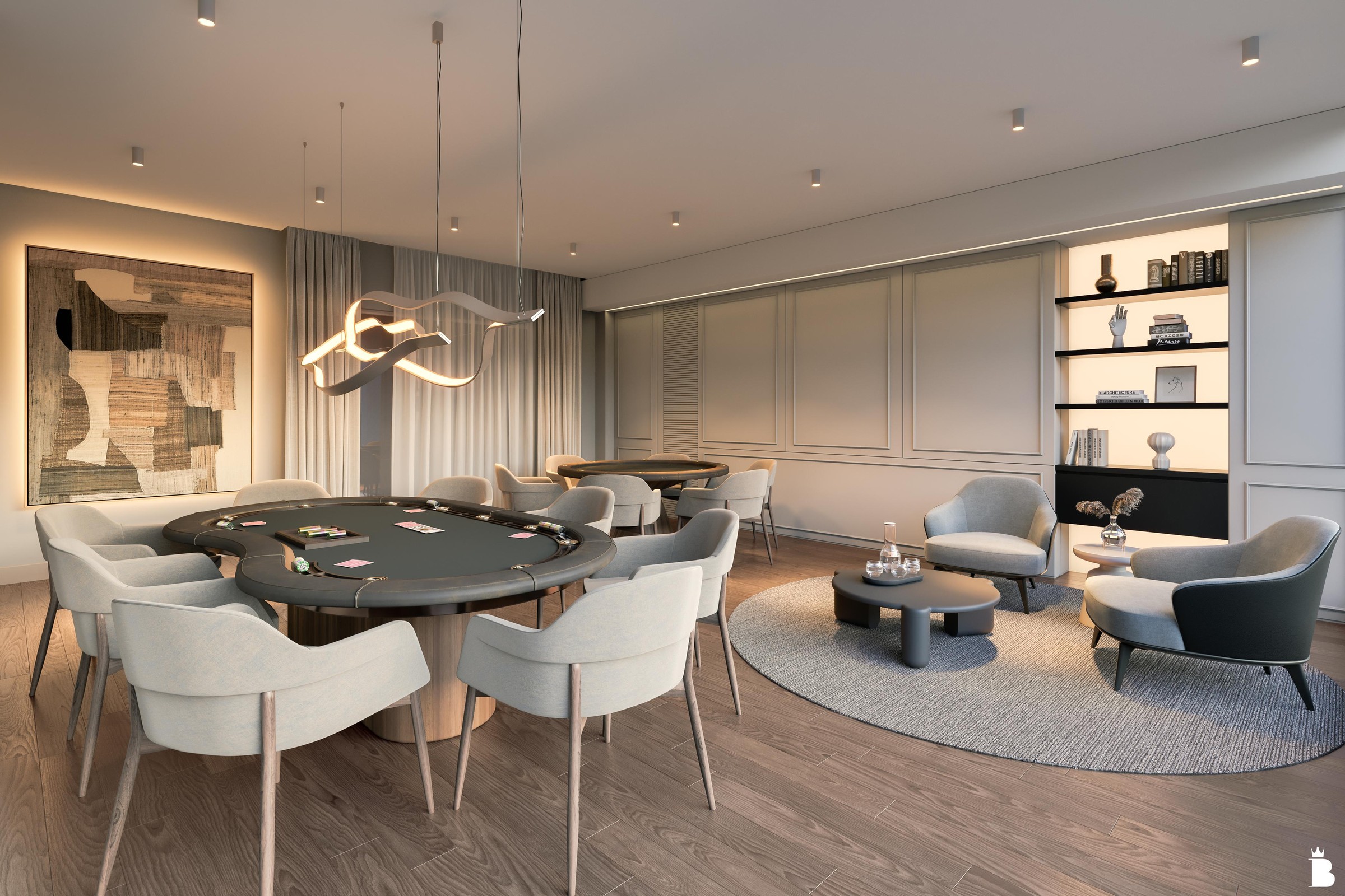 Artis Home Club — Sala de carteado do Artis Home Club com mesa de jogos e poltronas, Pasqualotto Construtora, Porto Belo SC