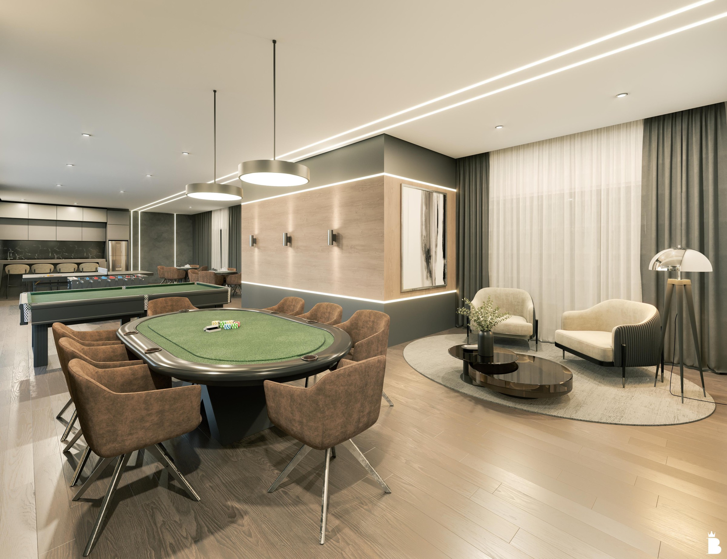 Artis Home Club — Sala de jogos do Artis Home Club com mesa de sinuca, mesa de pôquer e estar, Pasqualotto Construtora, Porto Belo SC