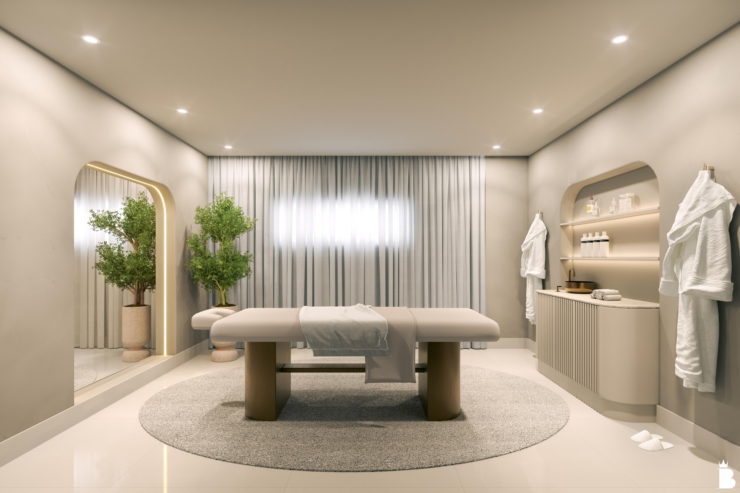 Artis Home Club — Sala de massagem do Artis Home Club com maca e roupões, Pasqualotto Construtora, Porto Belo SC