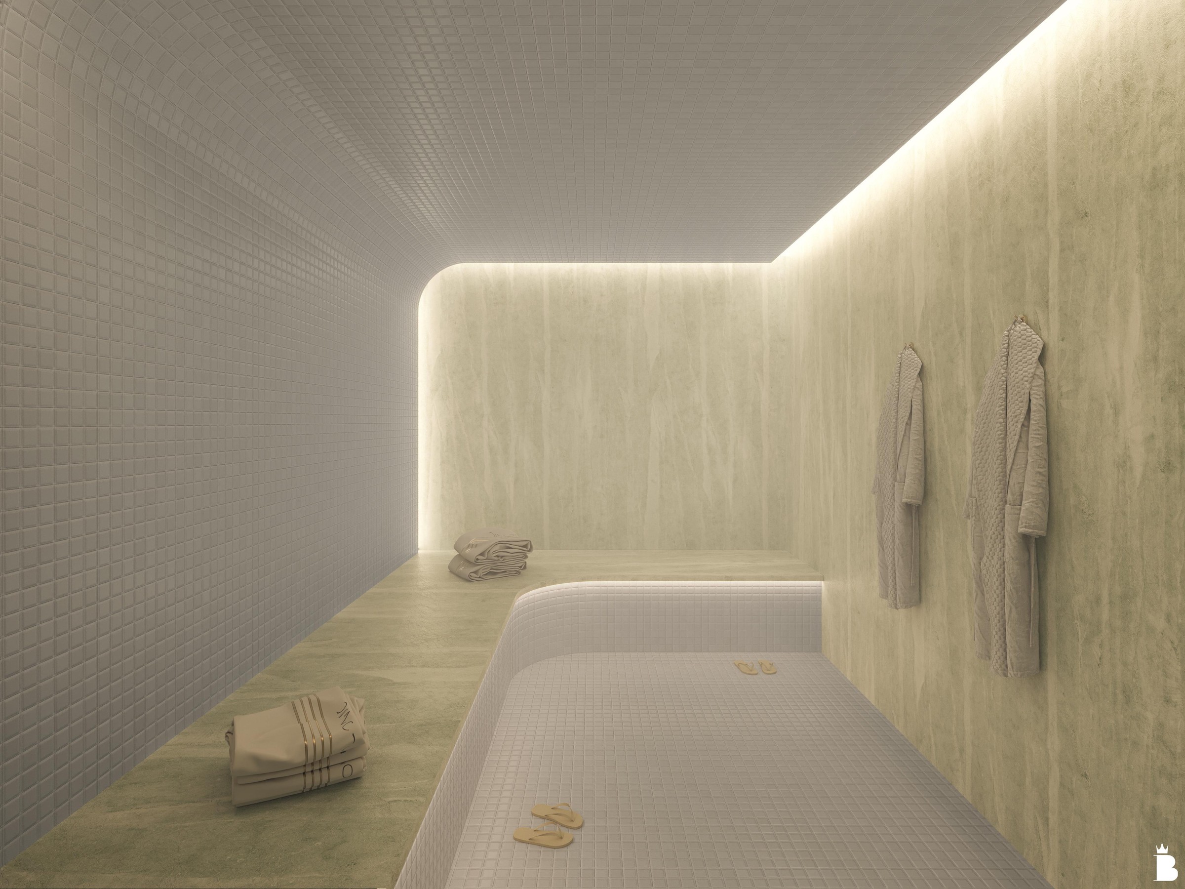 Artis Home Club — Sauna do Artis Home Club com bancos revestidos e iluminação indireta, Pasqualotto Construtora, Porto Belo SC
