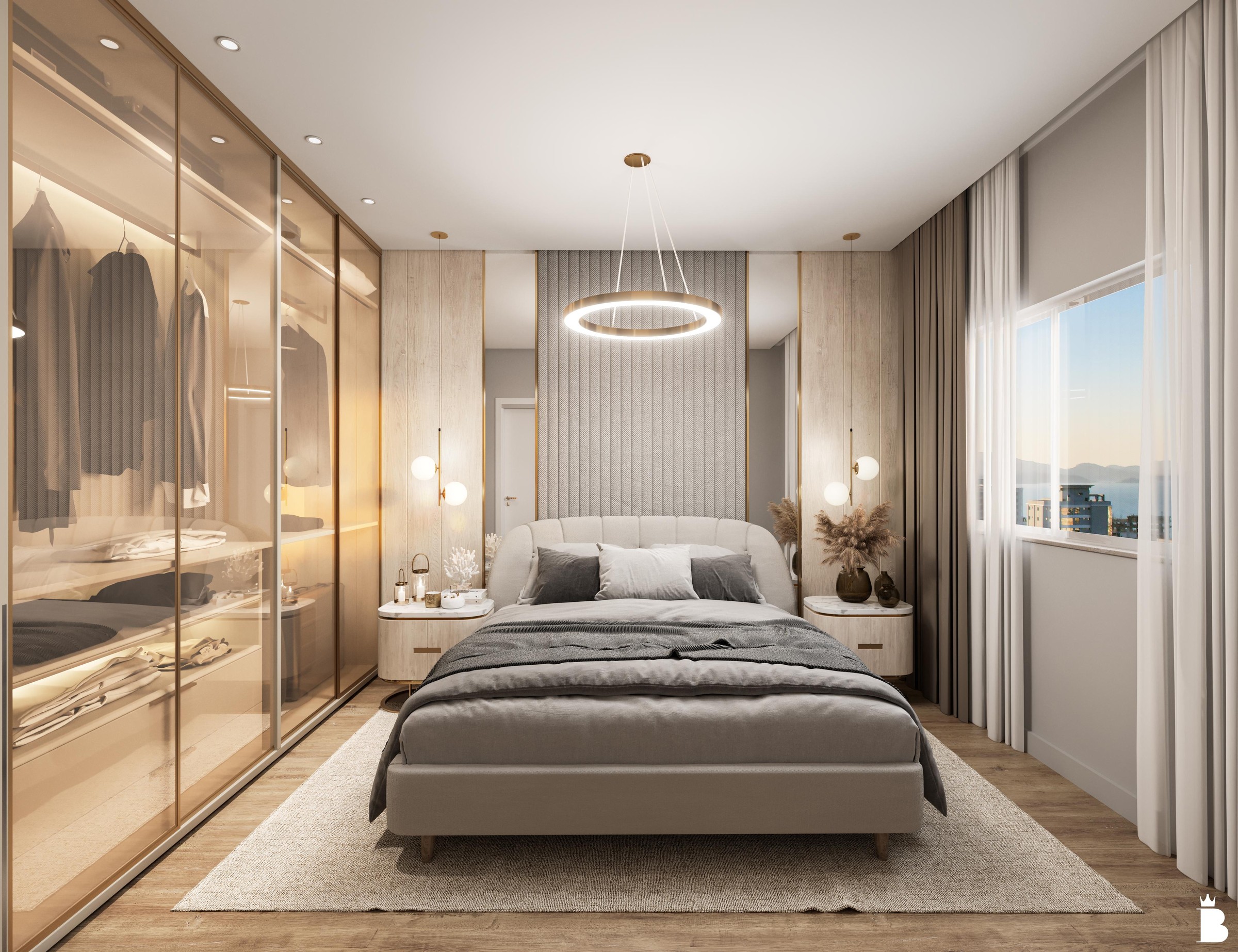 Artis Home Club — Suíte de apartamento tipo do Artis Home Club com closet de vidro e cama de casal, Pasqualotto Construtora, Porto Belo SC