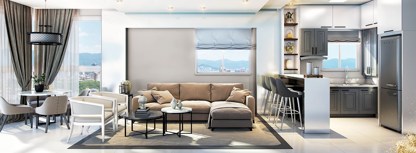 Bianco Residence — Living integrado com sala de estar, jantar e cozinha do apartamento decorado, Kalani Empreendimentos, Porto Belo SC