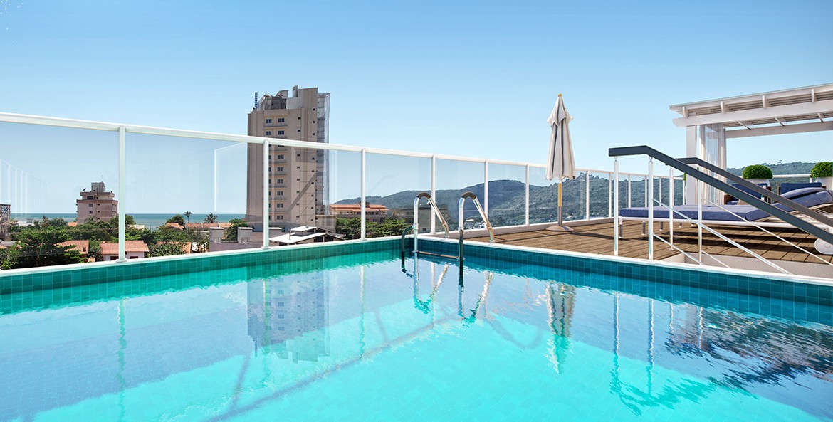 Bianco Residence — Piscina com deck elevado e espaço zen na área de lazer, com vista para o Perequê, Kalani Empreendimentos, Porto Belo SC
