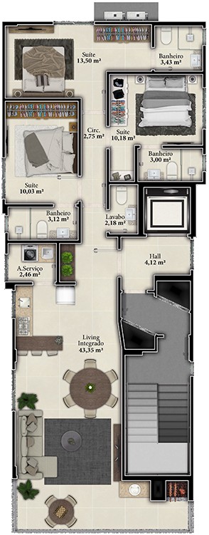 Bianco Residence — Planta humanizada do apartamento tipo com 3 suítes e living integrado, Kalani Empreendimentos, Porto Belo SC