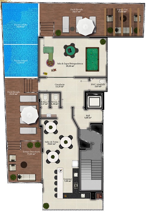 Bianco Residence — Planta humanizada da área de lazer com piscinas adulto e infantil, decks, sala de jogos e salão de festas, Kalani Empreendimentos, Porto Belo SC