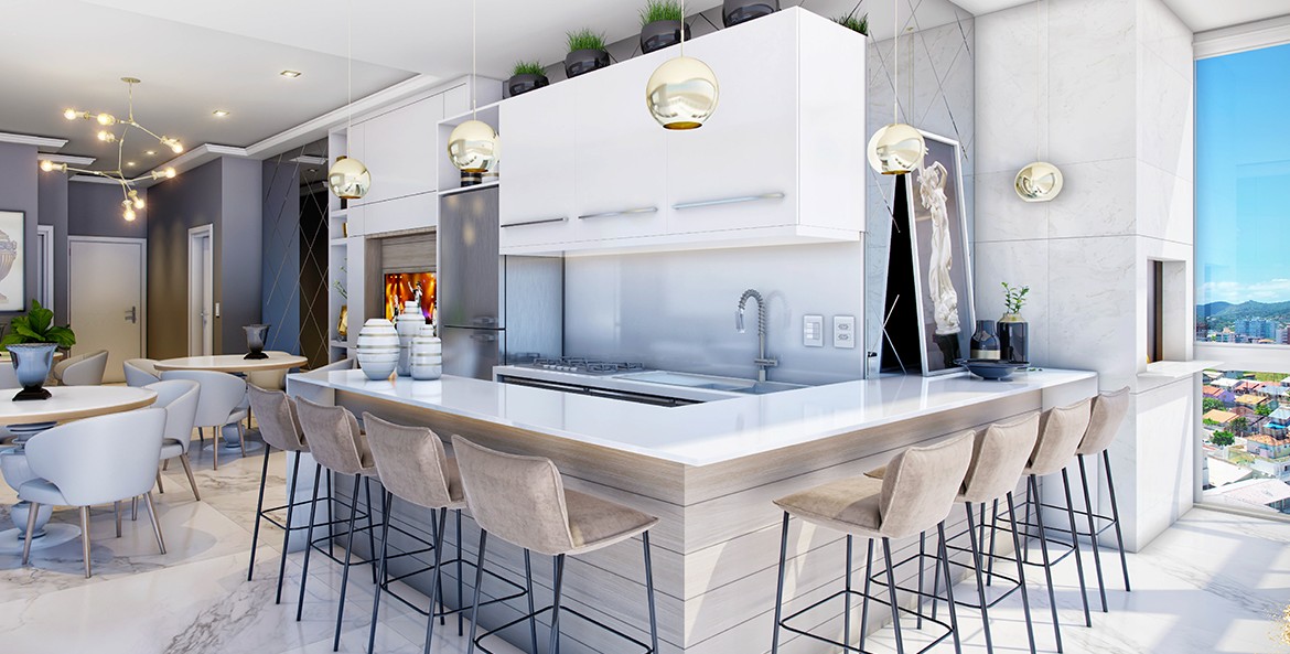Bianco Residence — Salão de festas com espaço gourmet, bancada com banquetas e mesas, Kalani Empreendimentos, Porto Belo SC