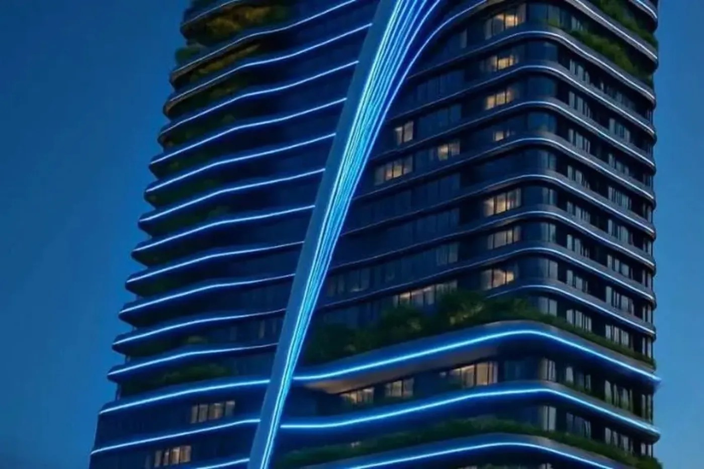 Binghatti Exclusive by PH — perspectiva da torre com curvas iluminadas, PH Empreendimentos, Balneário Perequê, Porto Belo SC