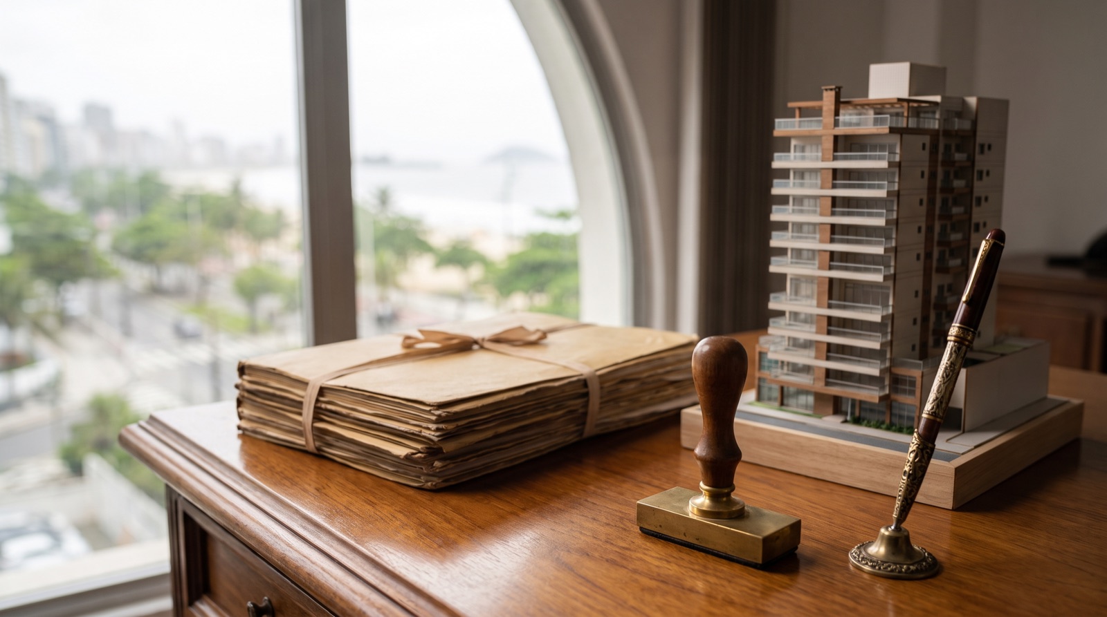 Mesa de cartório com pasta de documentos de imóvel, carimbo e maquete de edifício residencial