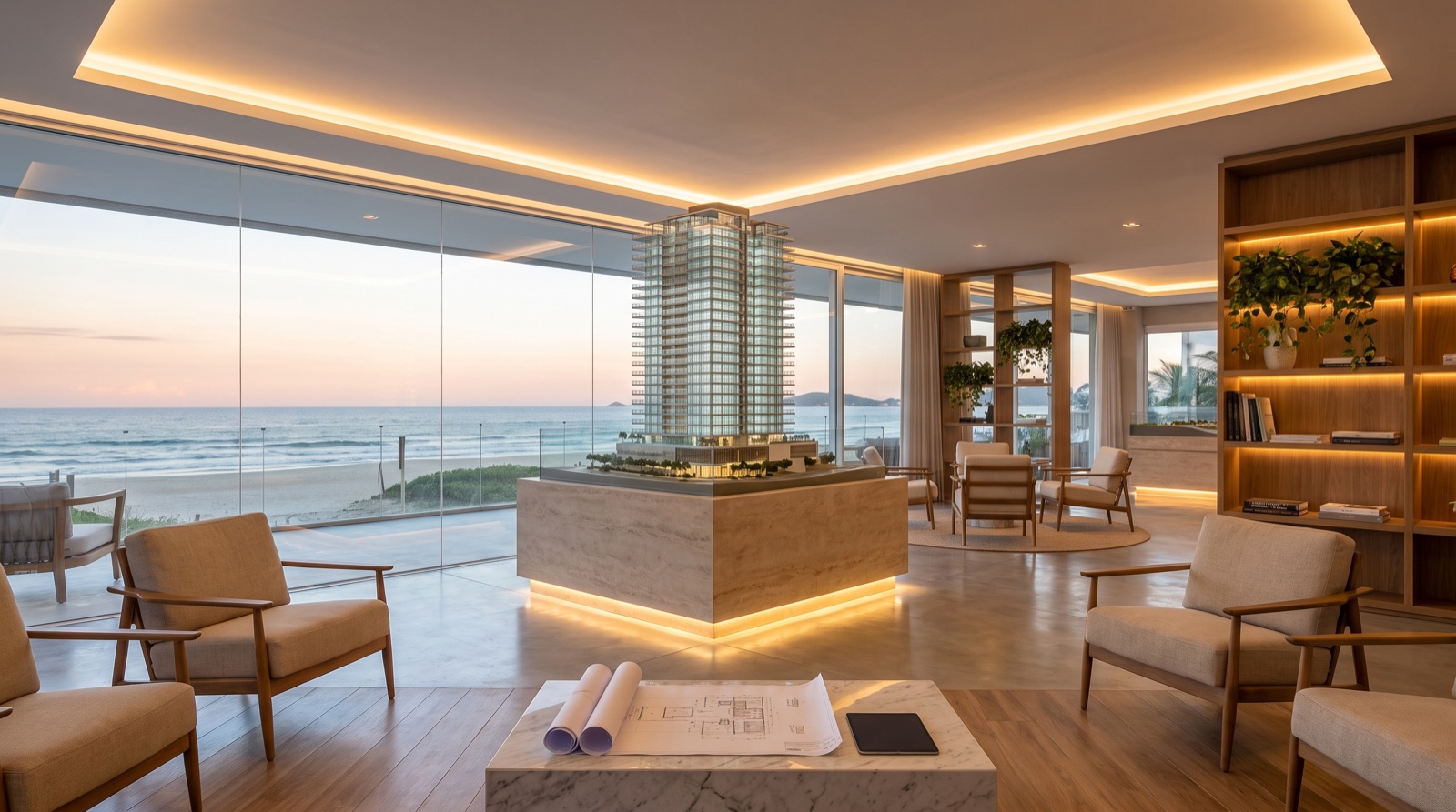 Stand de vendas de lançamento imobiliário com maquete do edifício, plantas sobre a mesa e vista para o mar
