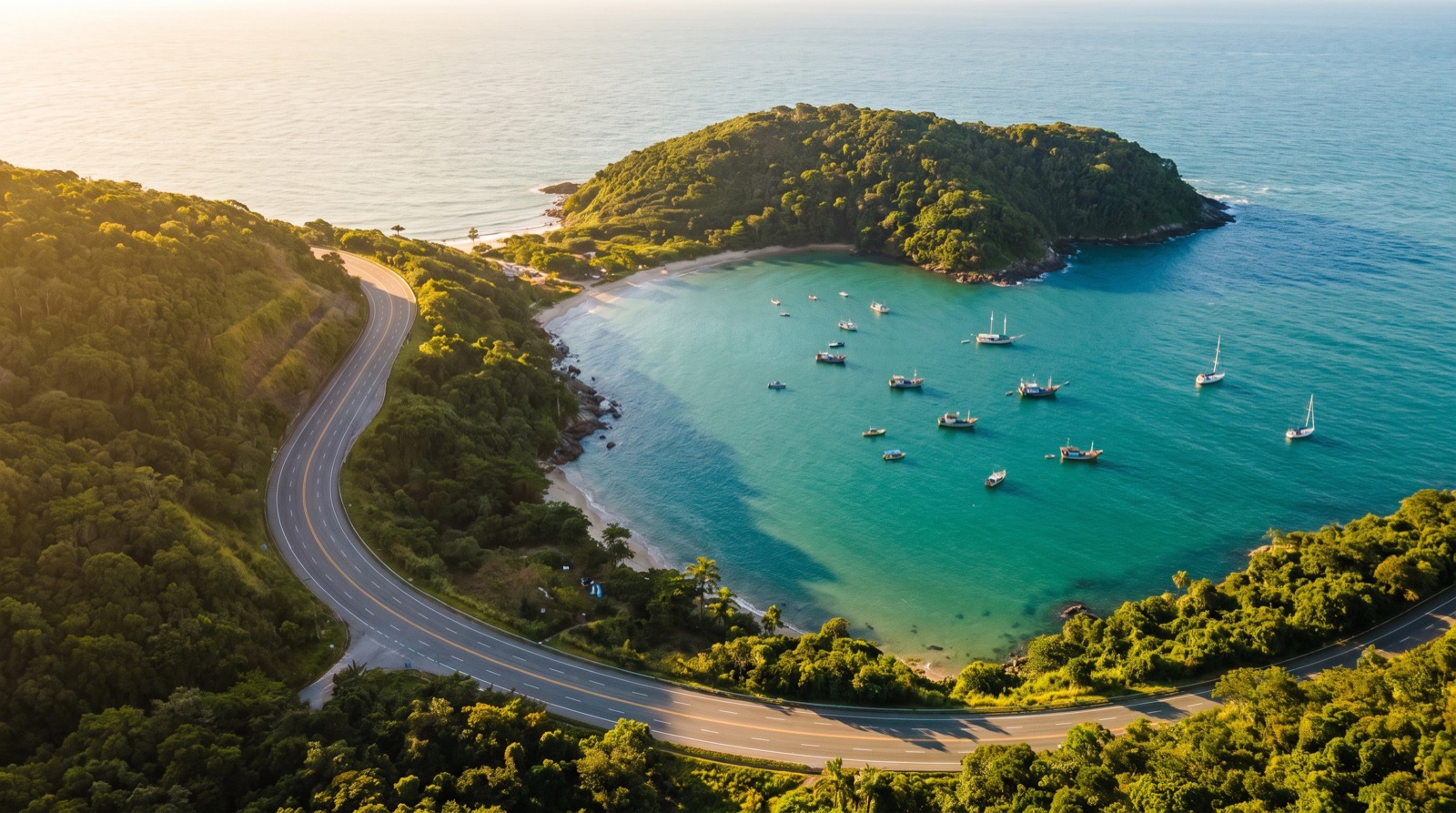 Estrada litorânea curvando em direção a uma baía com barcos e península verde no litoral de Santa Catarina