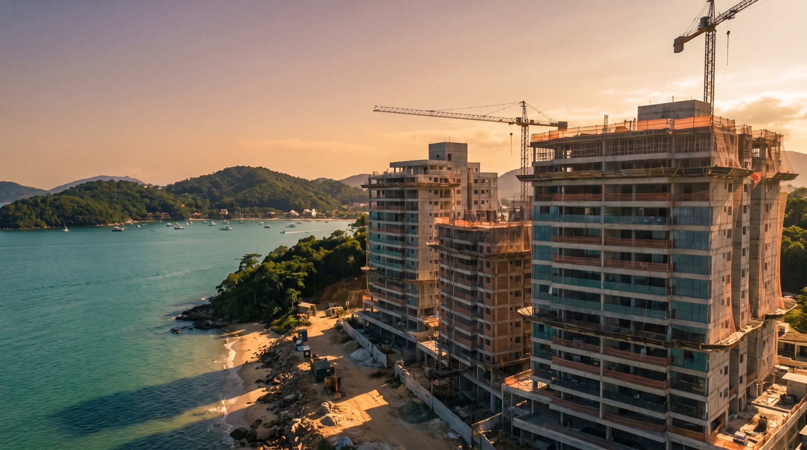 Torres em construção na orla de Porto Belo SC, com guindastes e baía ao fundo