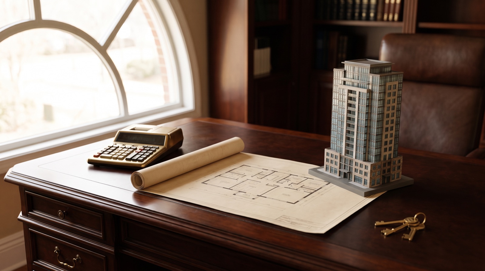 Mesa com calculadora, planta de apartamento, maquete de edifício e chaves, representando o fluxo de pagamento na planta
