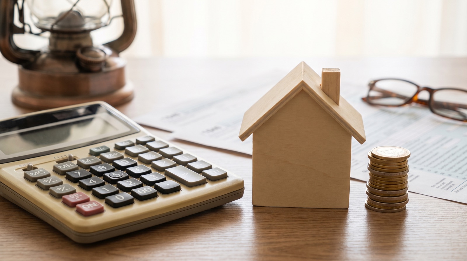 Calculadora, maquete de casa e moedas sobre uma mesa, com formulários desfocados ao fundo