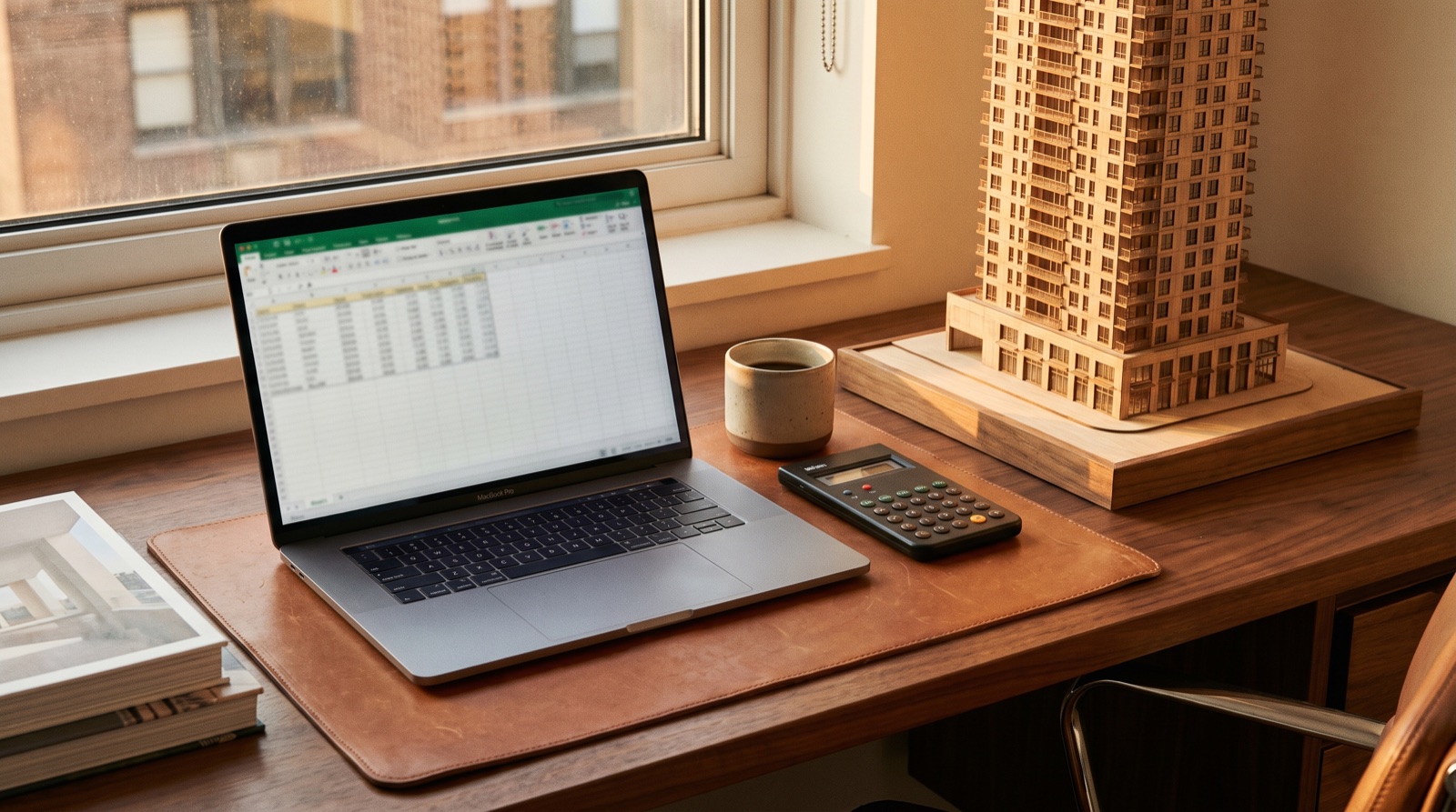 Notebook com planilha desfocada, calculadora e maquete de edifício sobre uma mesa