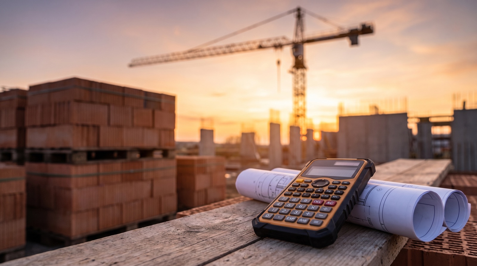 Canteiro de obra com tijolos empilhados e guindaste desfocado ao fundo, com calculadora e planta em primeiro plano