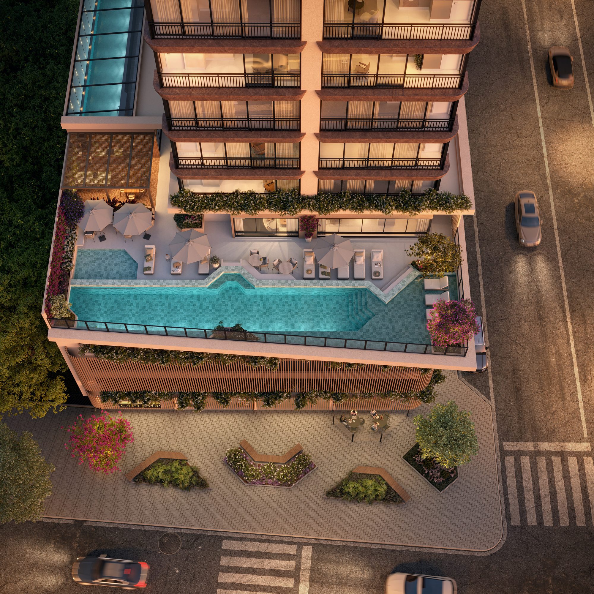 Jardine Residence — piscinas e área de lazer vistas de cima, Capitali, Balneário Perequê, Porto Belo SC Jardine Residence — piscinas e área de lazer vistas de cima, Capitali, Balneário Perequê, Porto Belo SC