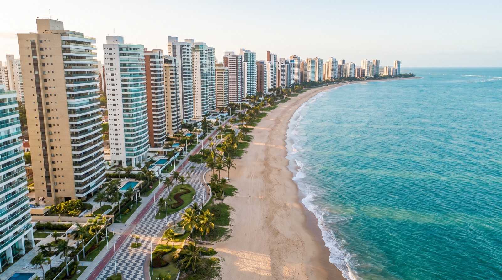 Vista aérea de orla com edifícios residenciais ao longo de uma praia extensa no litoral brasileiro