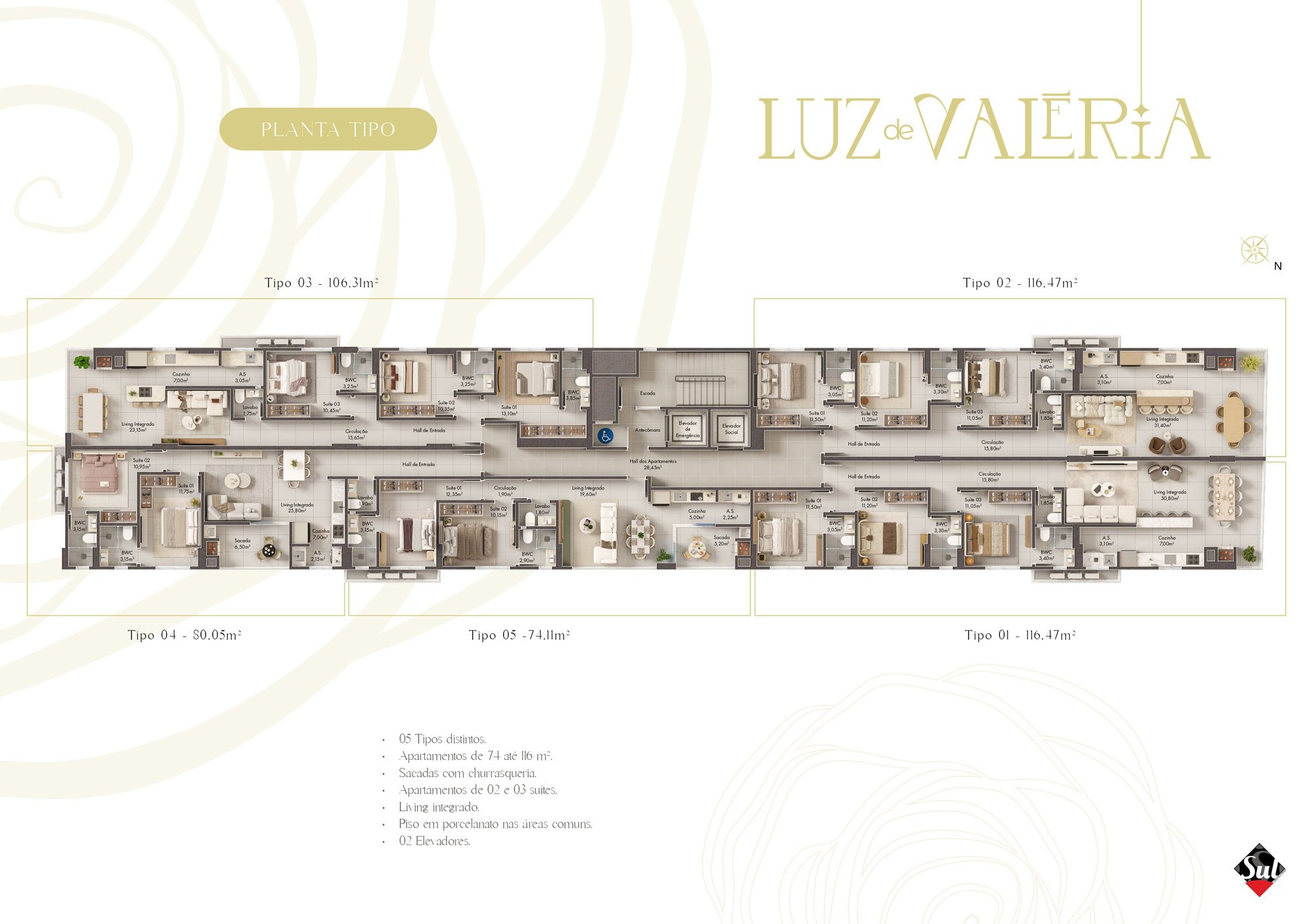 Luz de Valéria — planta e tipologias 3, Sul Construtora, Jardim Dourado, Porto Belo SC