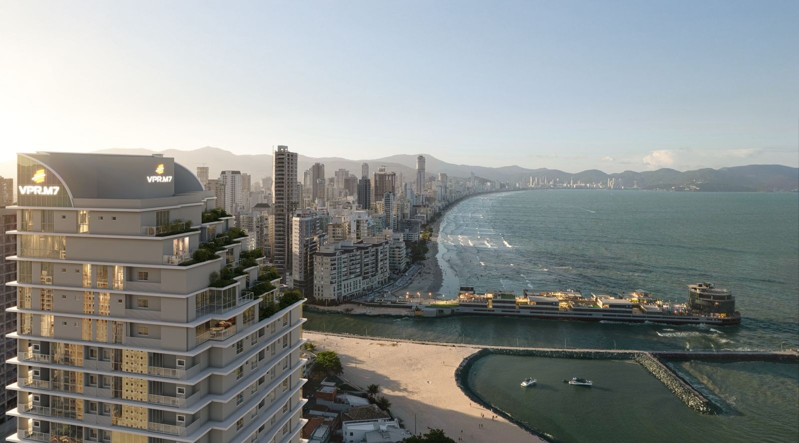 Mar da Galiléia Residence — torre com coroamento VPR.M7 e vista para a orla e o mar, VPR.M7 Empreendimentos, Balneário Perequê, Porto Belo SC