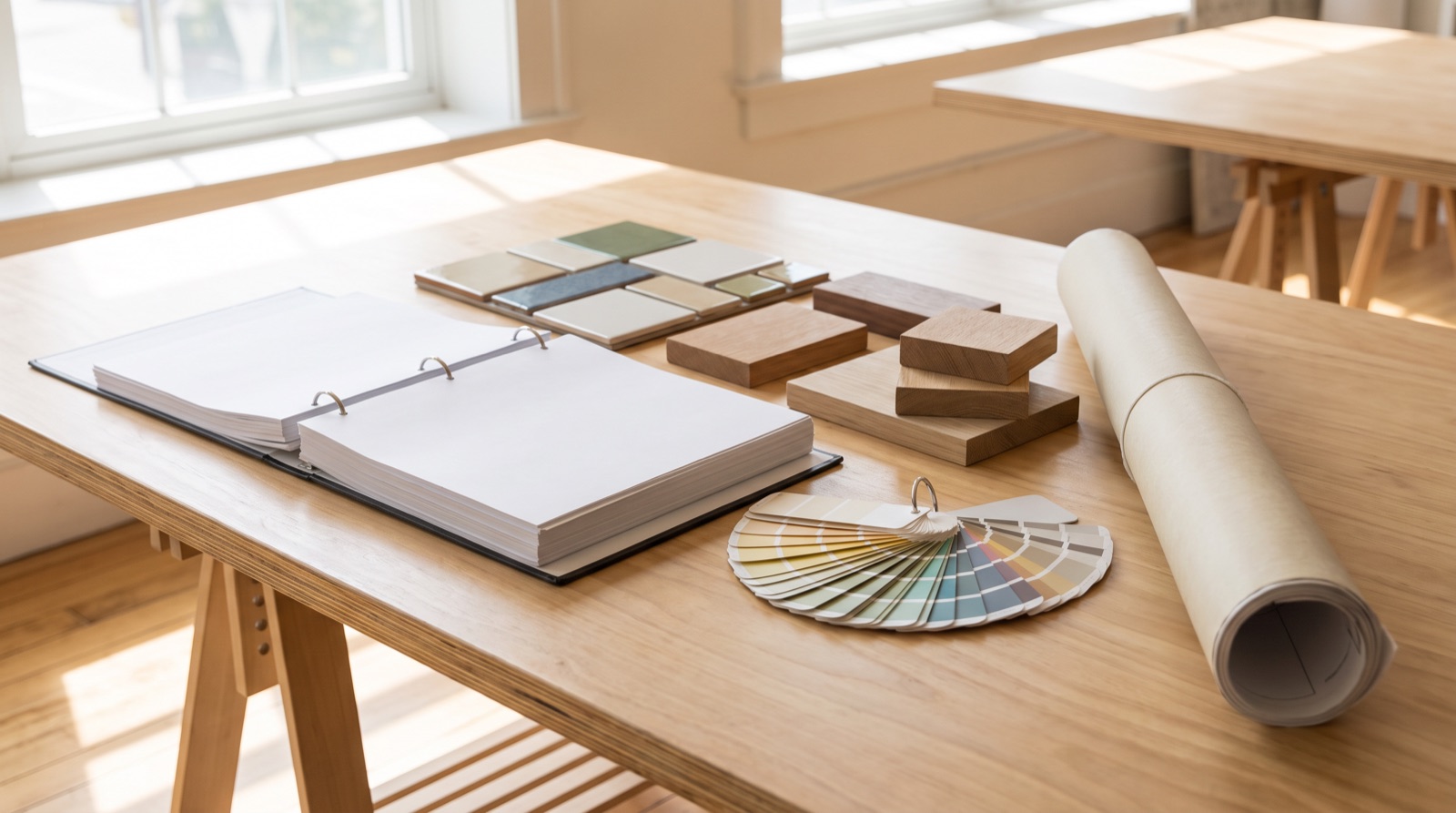 Mesa de arquiteto com pasta de especificações técnicas, amostras de materiais e planta enrolada