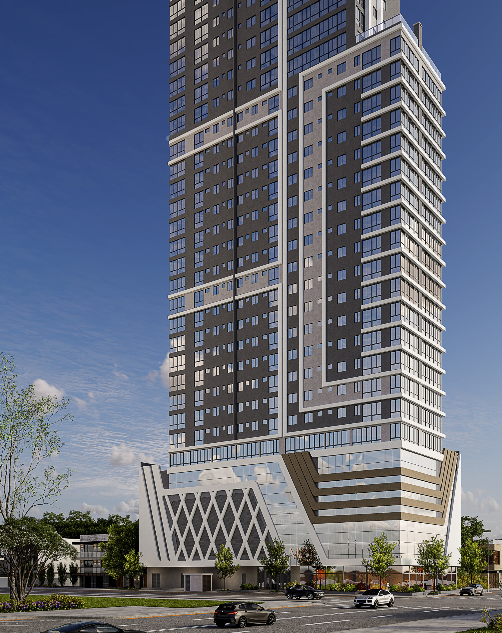 Torre Milad — Fachada diurna do Torre Milad com o embasamento de linhas diagonais e a rua arborizada em frente, Top 4D Empreendimentos, Porto Belo SC