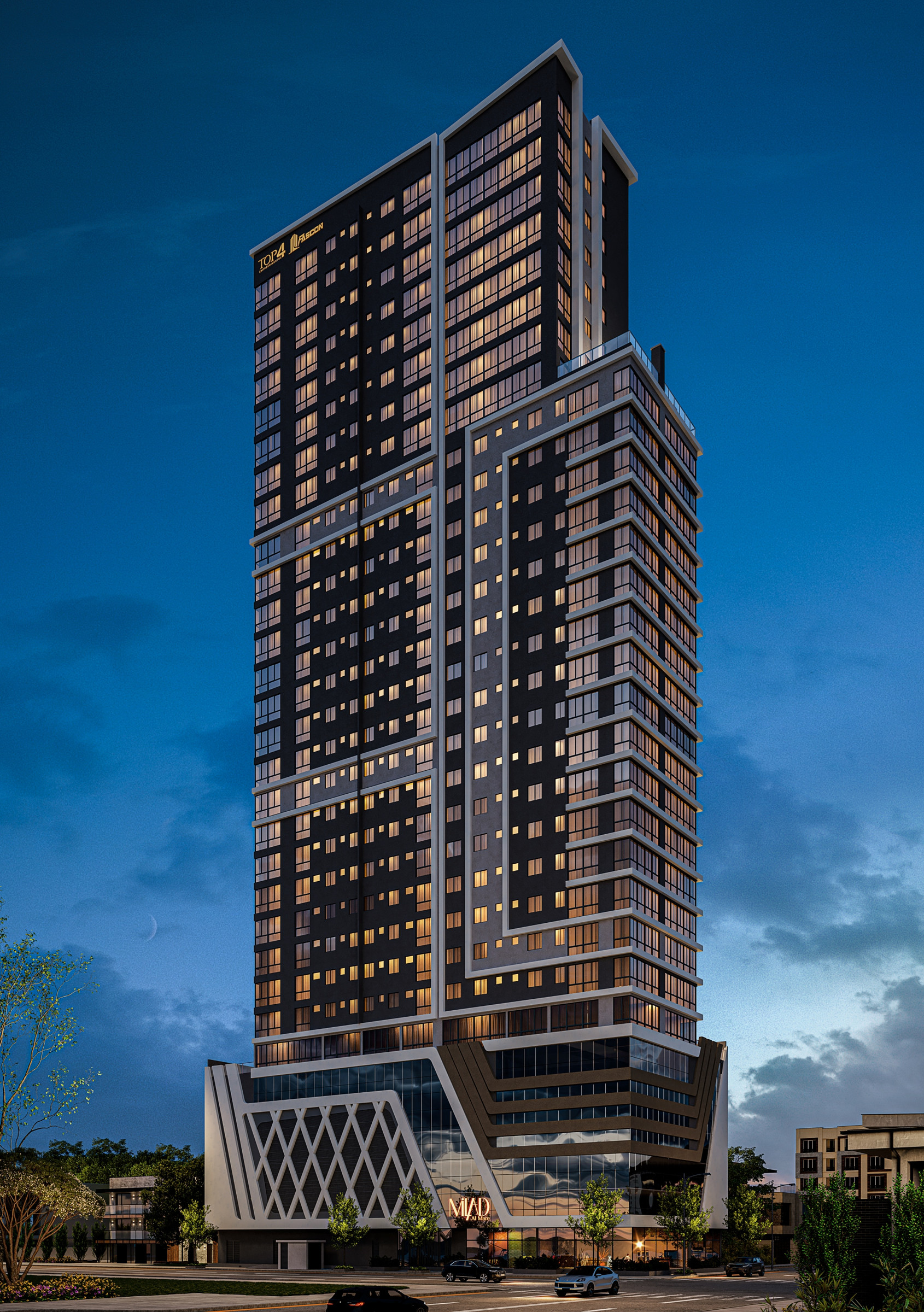 Torre Milad — Fachada noturna do Torre Milad (Milad Al Mare), torre residencial de 31 pavimentos sobre embasamento com comércio, no Perequê em Porto Belo, Top 4D Empreendimentos, Porto Belo SC