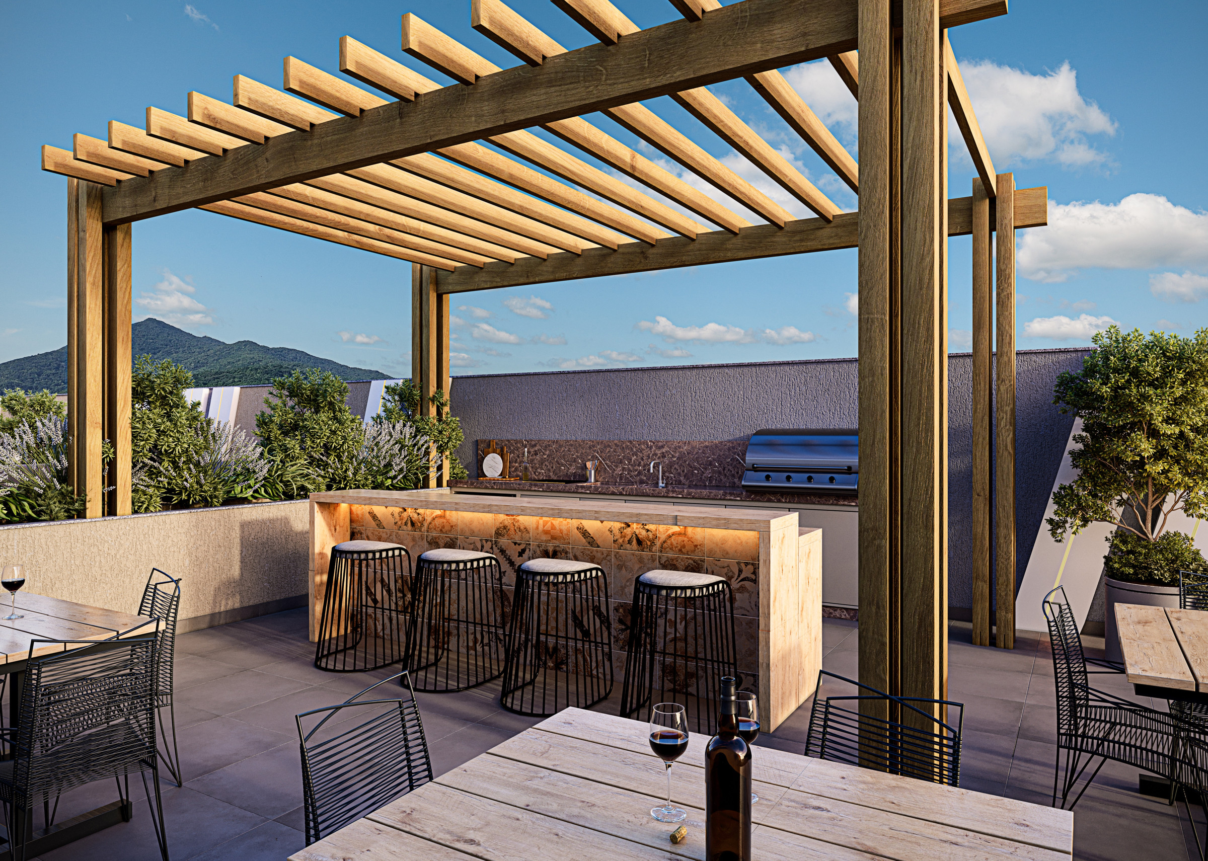 Torre Milad — Espaço gourmet externo do Torre Milad com pergolado, churrasqueira e bancada, Top 4D Empreendimentos, Porto Belo SC