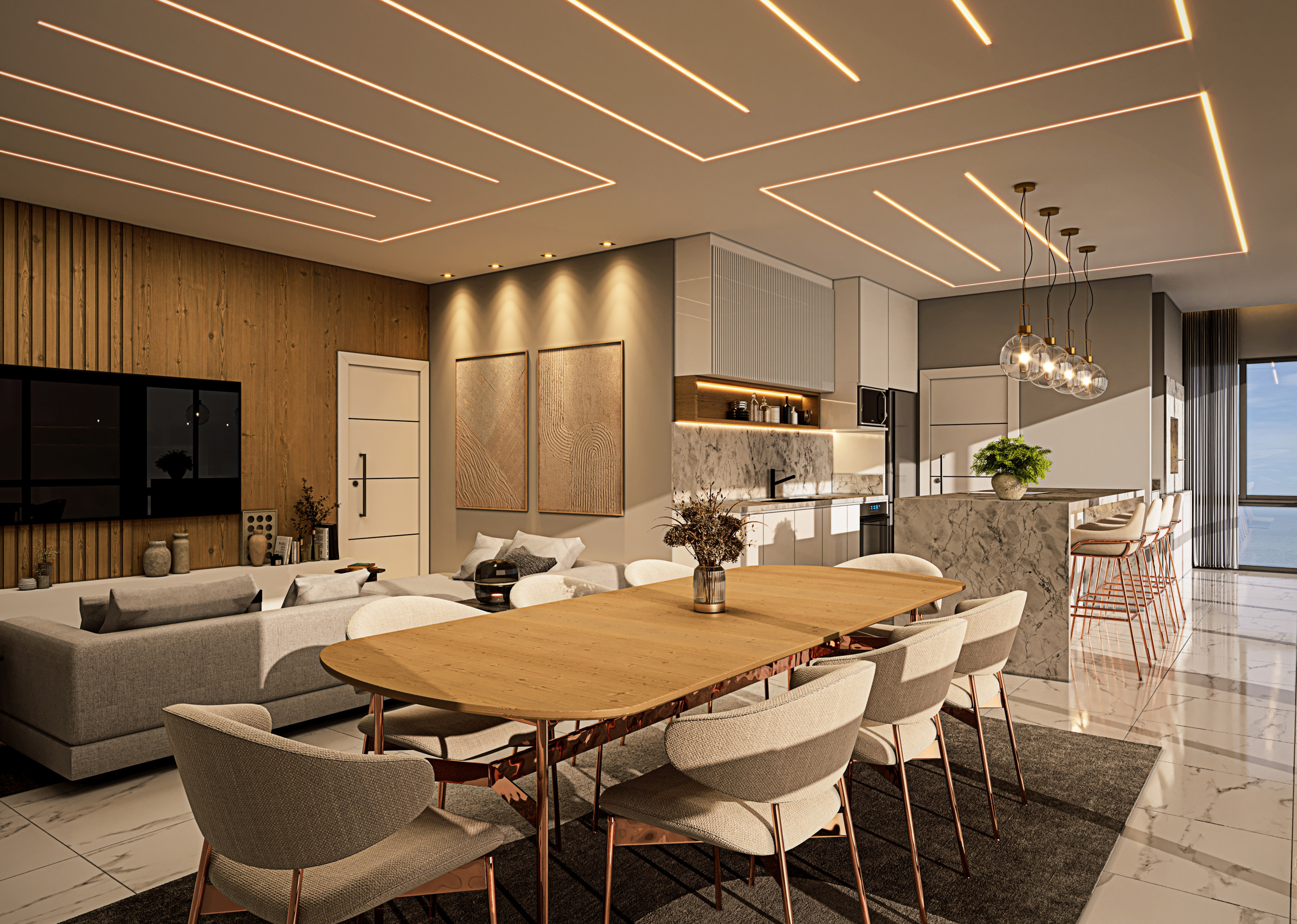 Torre Milad — Living integrado de apartamento do Torre Milad com estar, mesa de jantar e cozinha, Top 4D Empreendimentos, Porto Belo SC
