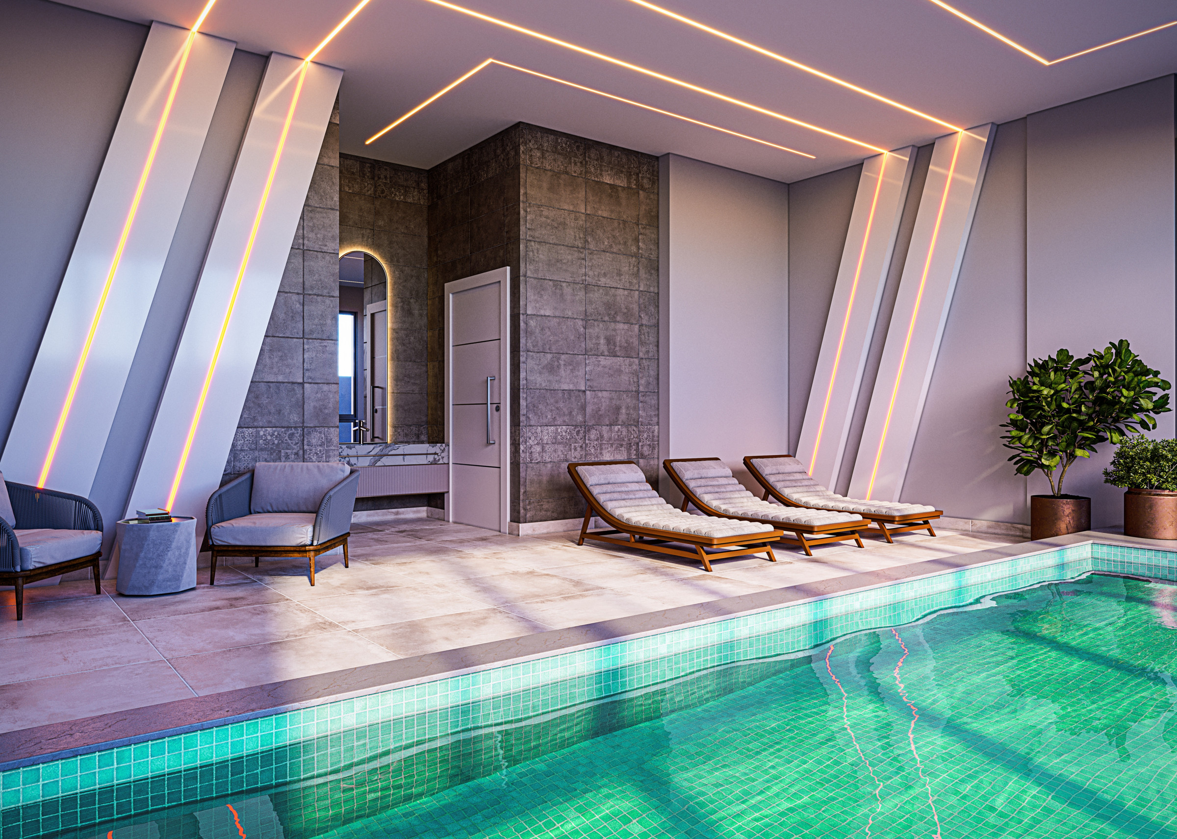 Torre Milad — Piscina aquecida coberta do Torre Milad com espreguiçadeiras e iluminação indireta, Top 4D Empreendimentos, Porto Belo SC