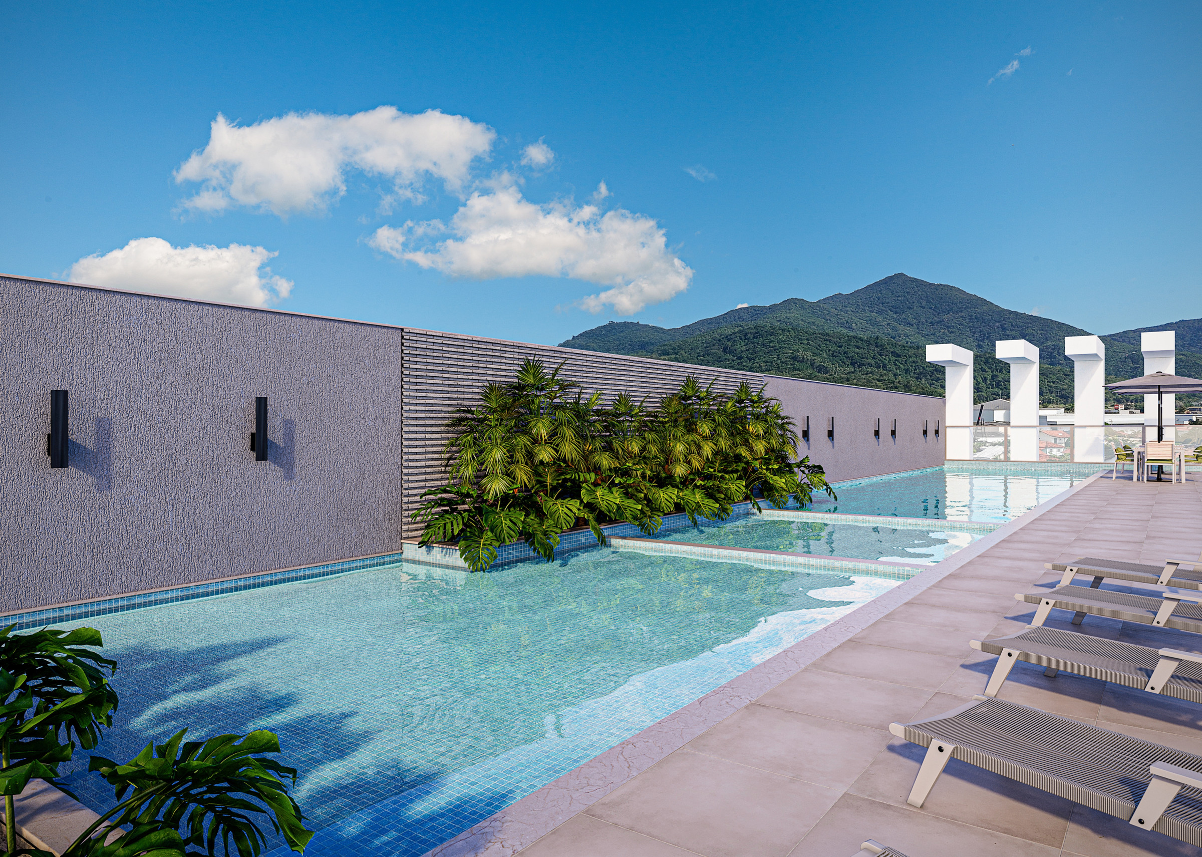 Torre Milad — Piscina adulto externa do Torre Milad com espreguiçadeiras e vista para os morros, Top 4D Empreendimentos, Porto Belo SC