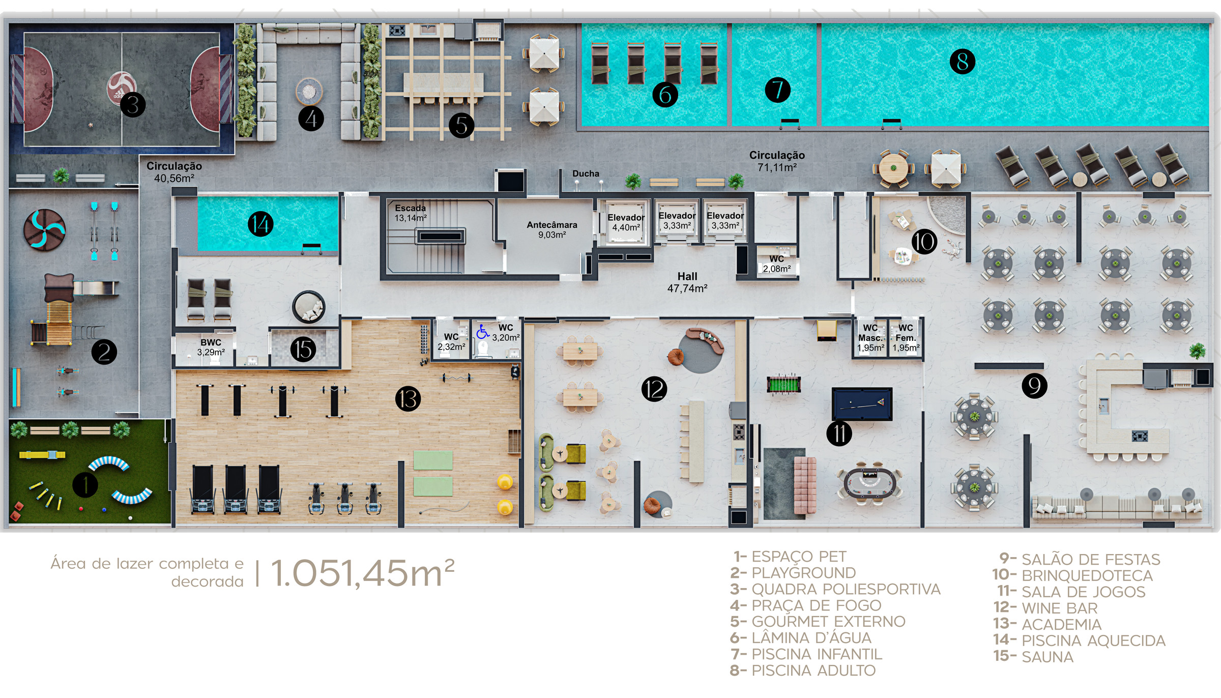 Torre Milad — Planta humanizada do pavimento de lazer do Torre Milad, com 1.051,45 m² e 15 ambientes numerados, Top 4D Empreendimentos, Porto Belo SC