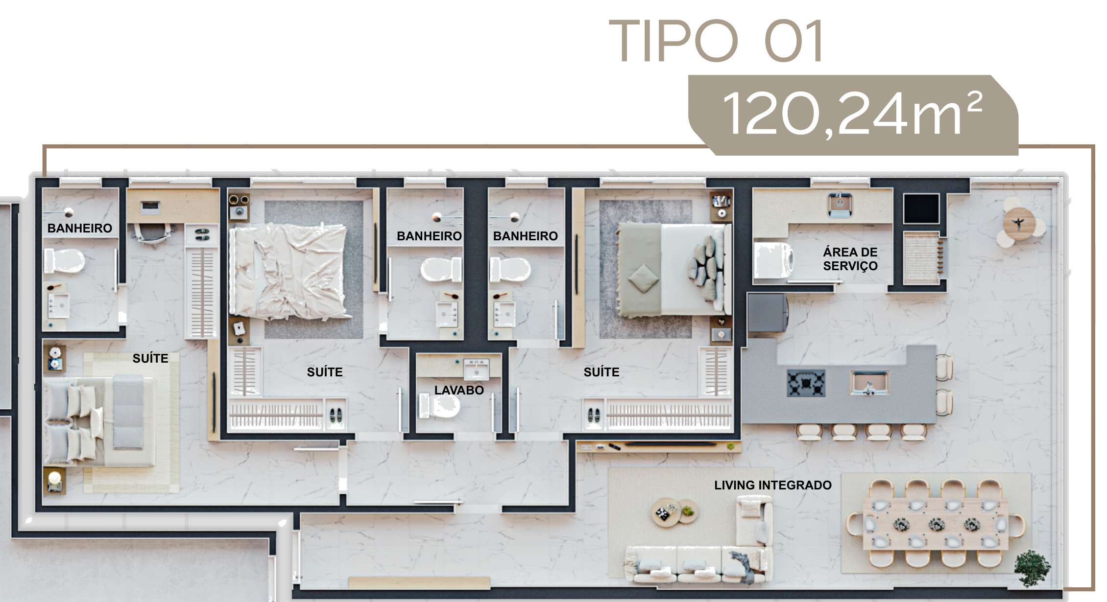 Torre Milad — Planta humanizada do apartamento Tipo 01 do Torre Milad, 120,24 m², com 3 suítes, Top 4D Empreendimentos, Porto Belo SC