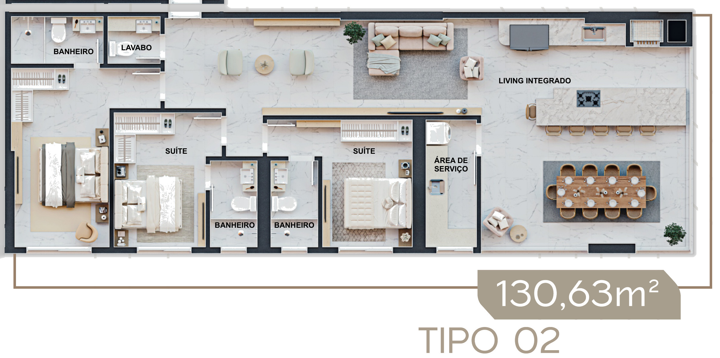Torre Milad — Planta humanizada do apartamento Tipo 02 do Torre Milad, 130,63 m², com 3 suítes, Top 4D Empreendimentos, Porto Belo SC