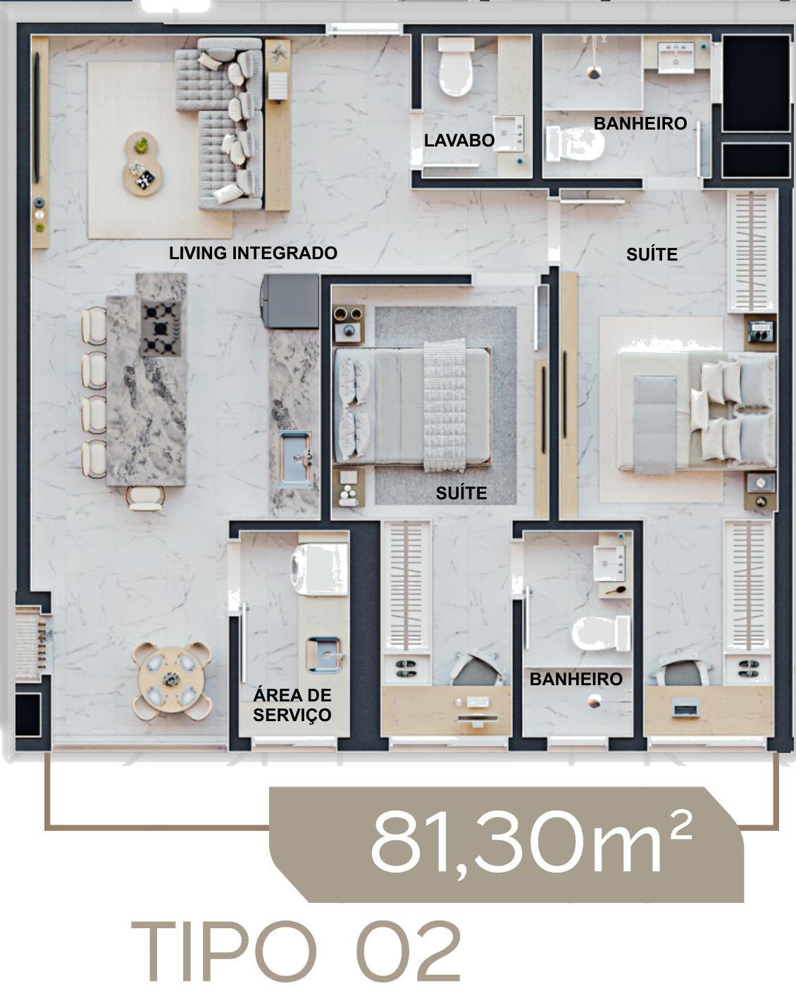 Torre Milad — Planta humanizada do apartamento de 81,30 m² do Torre Milad, com 2 suítes, Top 4D Empreendimentos, Porto Belo SC